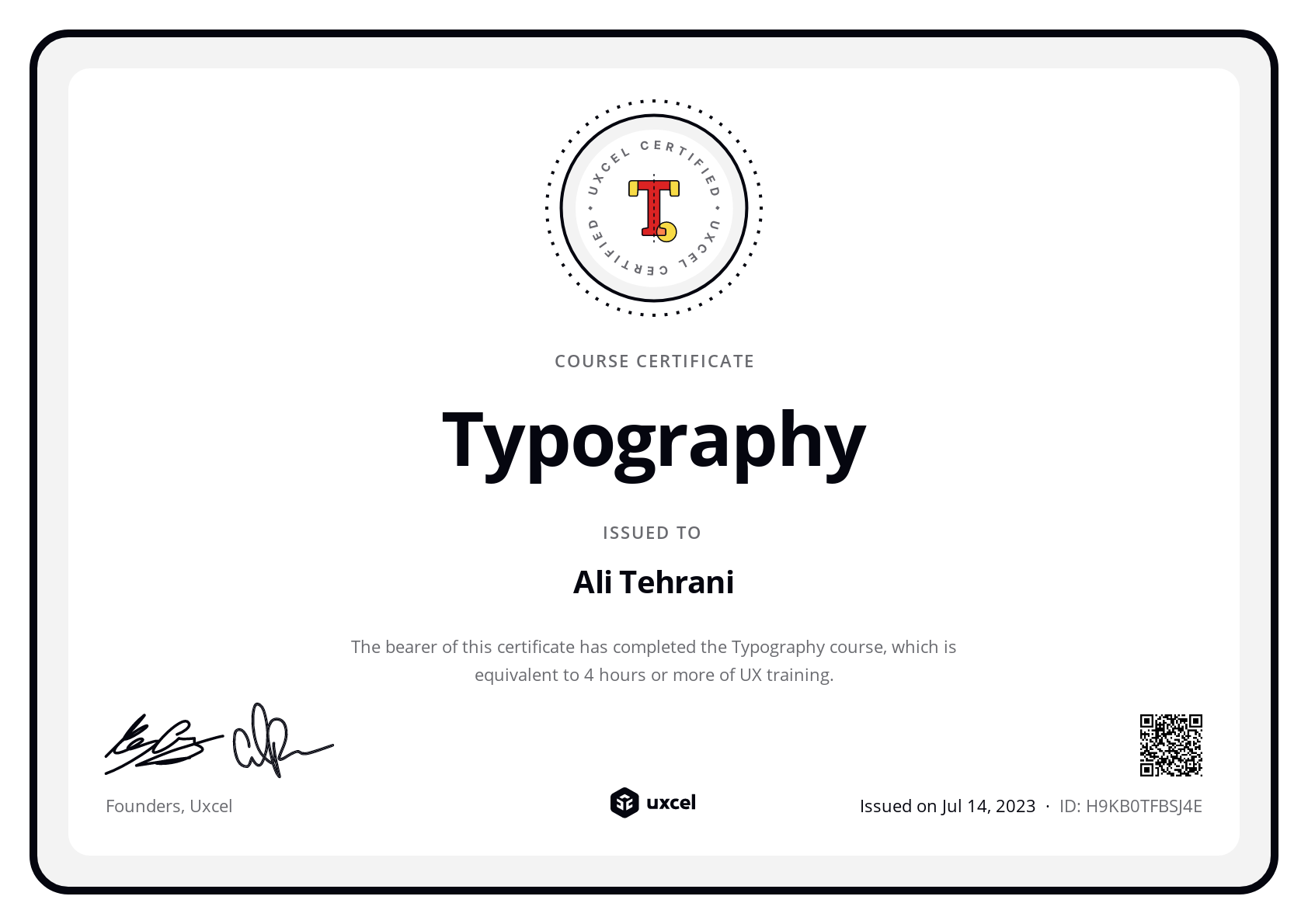 Ali Tehrani's certificate
